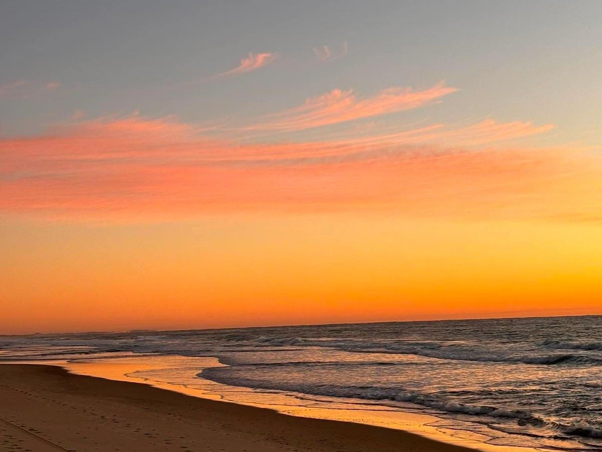 A quiet beach at sunset, golden sand and soft pink clouds
